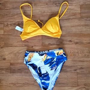 NWT Cupshe Bikini yellow and florals, high waist